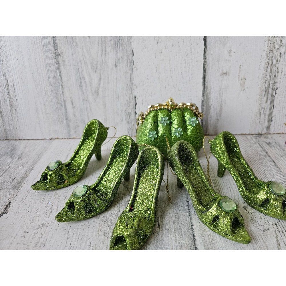 Green sparkle glitter stiletto heel shoe per set ornament Xmas tree‎ purse